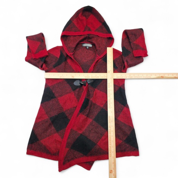 Almost Famous Red Black Buffalo Plaid Hooded Toggle Cardigan Womens Retro - Picture 8 of 9